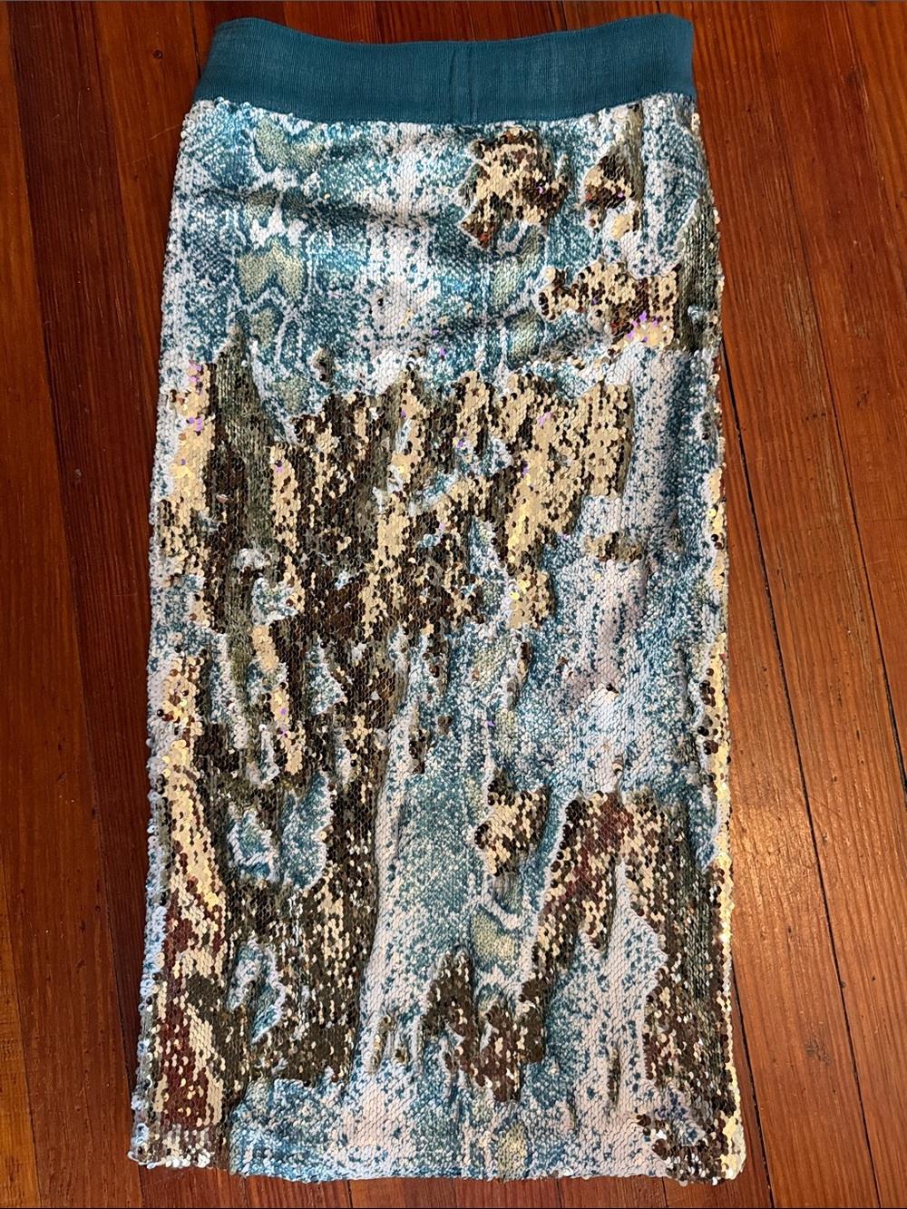 Le Superbe Sequin Midi Skirt in Teal, Gold & Cream size small - Picture 4 of 4